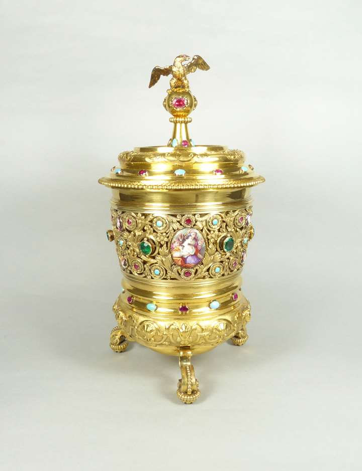 Early 18th century German silver gilt cup and cover set with jewels and enamels by Lorenz Biller II